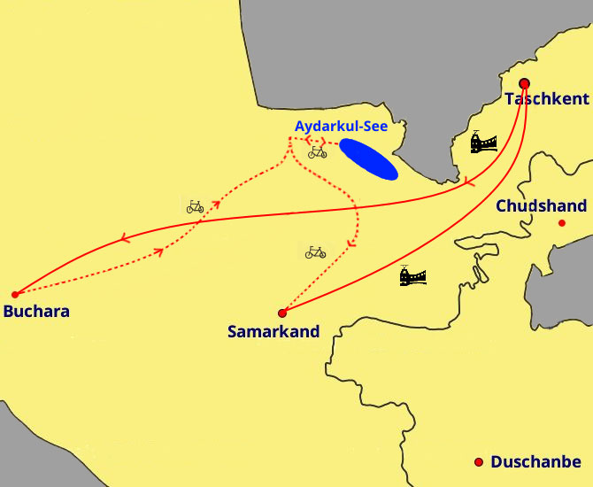 Reiseroute der Radreise durch Usbekistan "Von Buchara nach Samarkand" (15 Tage)