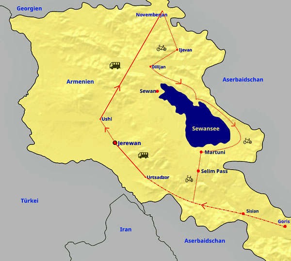 Reiseroute der Radreise durch Armenien "Im Banne des Ararat" (13 Tage)